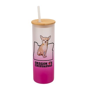 Elanze Designs The Beaver State Oregon Loves Chihuahuas Pink and White Ombre Frosted Glass Travel Tumbler with Straw and Wooden Lid, 25 Ounce - 1 of 4