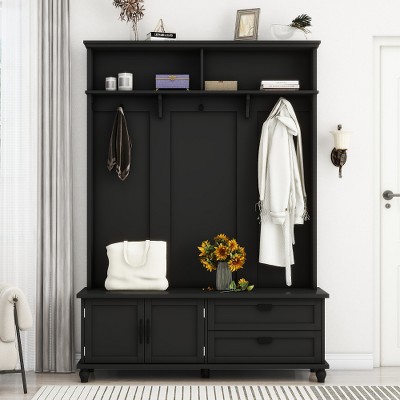 Hall Tree with Storage Cabinet and 2 Large Drawers, Widen Mudroom Bench with 5 Coat Hooks, 80.30"H