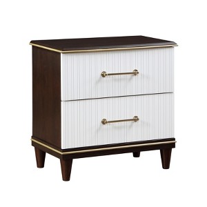 Vynxaria Contemporary 1pc 2-Drawer Nightstand, 2-Tone (White & Cherry) Finish with Gold Trim, Polished Brass Bar Pulls, Dovetail Drawers - 1 of 4