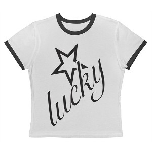 Rerun Island Women's Lucky Stars Black Short Sleeve Graphic Cotton Retro Vintage Ranger Baby Tee - White Caviar 1X - 1 of 4