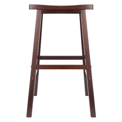 Walnut Brown Solid Wood Square Pub Table with 2 Saddle Seat Stools
