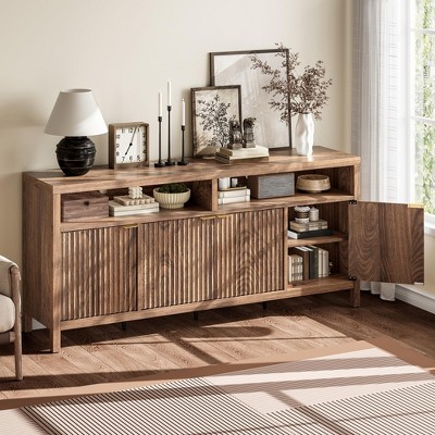 Walnut Fluted Storage Cabinet, 65in Wide Sideboard Buffet Cabinet with Adjustable Shelves and Golden Handles, Accent Coffee Bar Cabinet for Kitchen