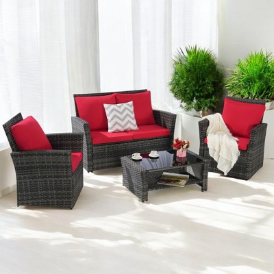 Mshliw 4-Piece Outdoor Patio Furniture Set, Garden Wicker Sofa with Tempered Glass Coffee Table, Poolside Lawn Chairs, Cushions, Modular Design