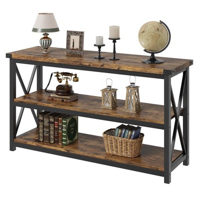 Industrial Console Table for Entryway, 47.2" Narrow Entryway Table with Storage, 3 Tier Wood Sofa Table with Metal Frame