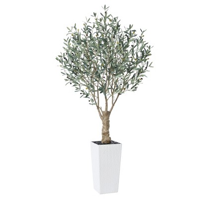 UV Resistant 6-7FT Artificial Olive Tree with White Tall Planter and Thick Trunk, Pre Potted Fake Tree for Indoor and Outdoor House Decor