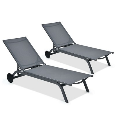Costway Set of 2 Patio Chaise Lounge Chair Aluminum Adjustable Recliner w/ Wheels Grey