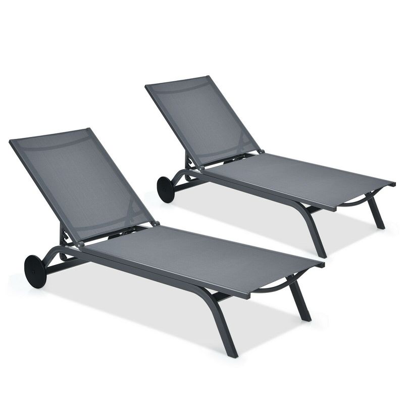 Costway 2PCS Outdoor Patio Lounge Chair Chaise Recliner Aluminum Fabric Adjustable Brown\Black, 1 of 11