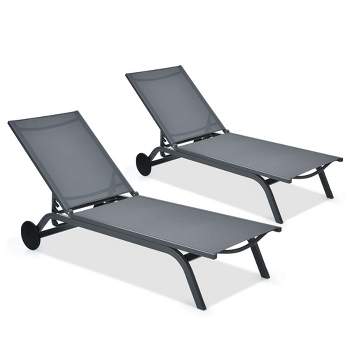 Costway 2PCS Outdoor Patio Lounge Chair Chaise Recliner Aluminum Fabric Adjustable Brown\Black