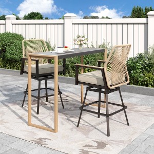 Captiva Designs Outdoor Patio Dining Bar Set with Steel Bar Table & Rattan Bar Stools with Cushions - 1 of 4