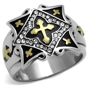 Slickblue Men’s Stainless Steel Ring , Gold Cross Motif with Synthetic Crystal, Silver Base, Detailed Pattern,Sizes 8-13 - 1 of 4