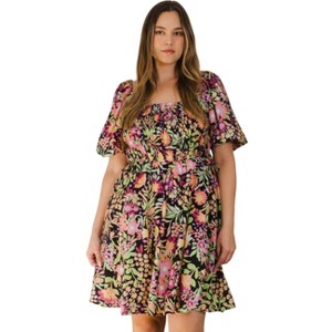 Slickblue Stylish Plus Size Floral Printed Mini Dress with Center Tie-Back, Puff Sleeves & Smocked Bodice, Size 1XL-3XL - 1 of 4