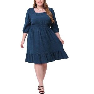 Agnes Orinda Women's Plus Size Square Neck Swiss Dots Wedding Empire Waist Ruffle Hem Chiffon Midi Dresses - 1 of 4