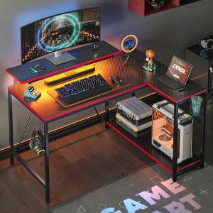 Pinmoco 42" Reversible L-Shaped Gaming Desk, LED Carbon Fiber Desk with Monitor Stand & Headset Hooks - 1 of 4