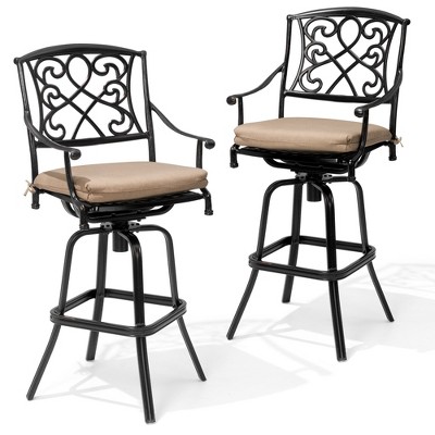 Crestlive Products Heavy Duty Cast Aluminum Frame & Sunbrella Fabric Cushion Counter Height Swivel Bar Stool Patio Furniture in Antique Brown Finish