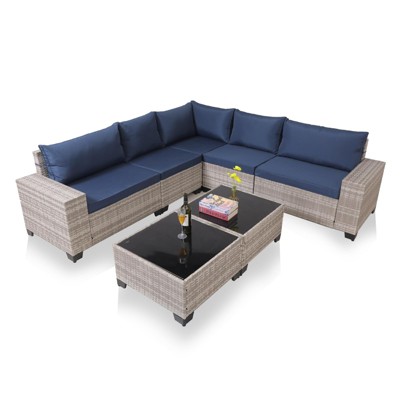 FIONECA Deluxe 7-Piece Patio Furniture Set ¨C Light Gray Rattan Outdoor Sectional with Blue Cushions & 2 Tables
