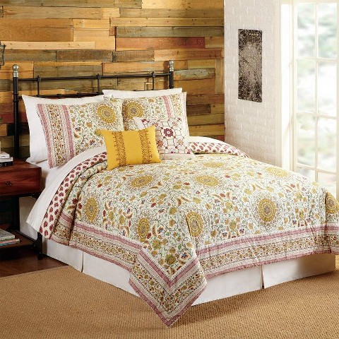 Indigo Bazaar 5pc Queen Joanne Comforter & Sham Bedding Set Red/Yellow/Off White: Embroidered, Machine Washable