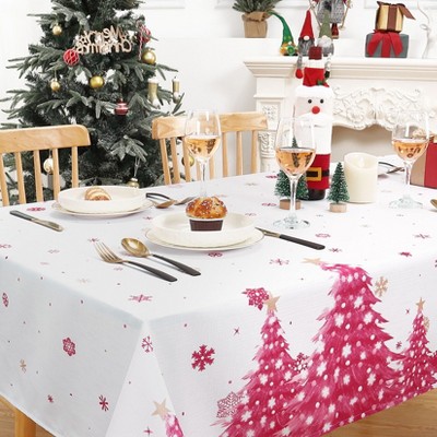 Pink Christmas Tree Tablecloth, Cute Winter Tablecloth, Pine Tree Design Table Cover Dining Room Holiday Party Table Decor