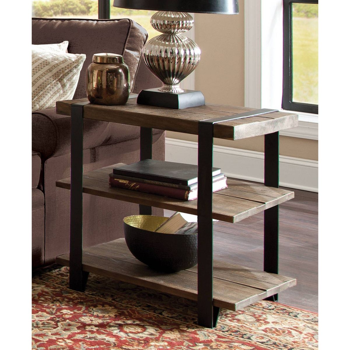 27" Modesto Wide 2 Shelf End Table with Metal Strap, Wood - Alaterre Furniture: Rustic Industrial Design, Black Frame - thumbnail 8