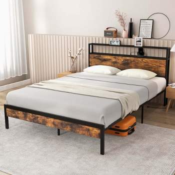 Costway Twin/Full/Queen Bed Frame with Storage Headboard Charging Station 18W USB C Port Rustic Brown
