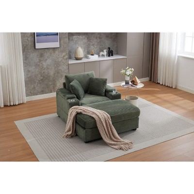 PAGED Upholstered Sofa Corduroy Chaise Lounge Sofa with Handrail Storage, Movable Ottoman, Cupholders for Living Room, Apartment