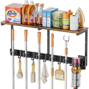 Broom Holder Wall Mount with Cleaning Supplies Organizer, Laundry Room Organization Hooks - 1 of 4