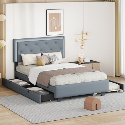 Full Size Velvet Upholstered Platform Bed With Twin Size Trundle, 2 ...