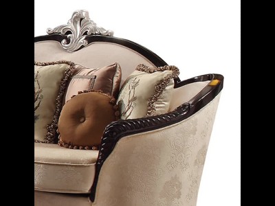 Elegant Traditional Black and Tan Fabric Sofa with Wooden Accents