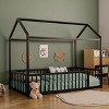 Twin/Full Size Montessori Metal Floor Bed Frame, House Shaped Bed with Safety Fence for Kids & Toddlers - ModernLuxe - 3 of 4