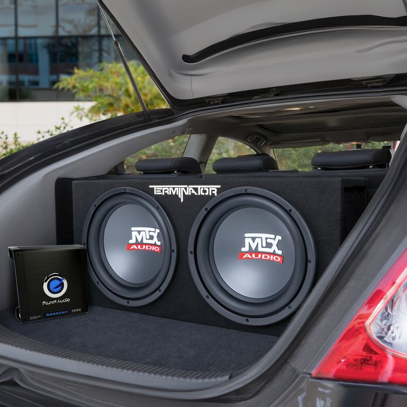 MTX TNE212D 12" 1200W Dual Loaded Car Subwoofers + Box + Planet 1500W Amp + Kit, 4 of 7