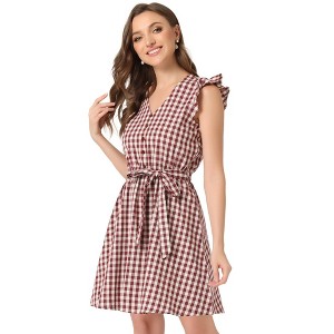 Allegra K Women's Casual Ruffled Sleeve A-Line Vintage Gingham Check Dress - 1 of 4