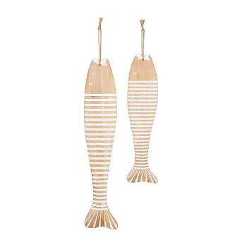 Set of 2 Wood Fish Wall Decors with White Stripes and Hanging Rope Brown - Olivia & May