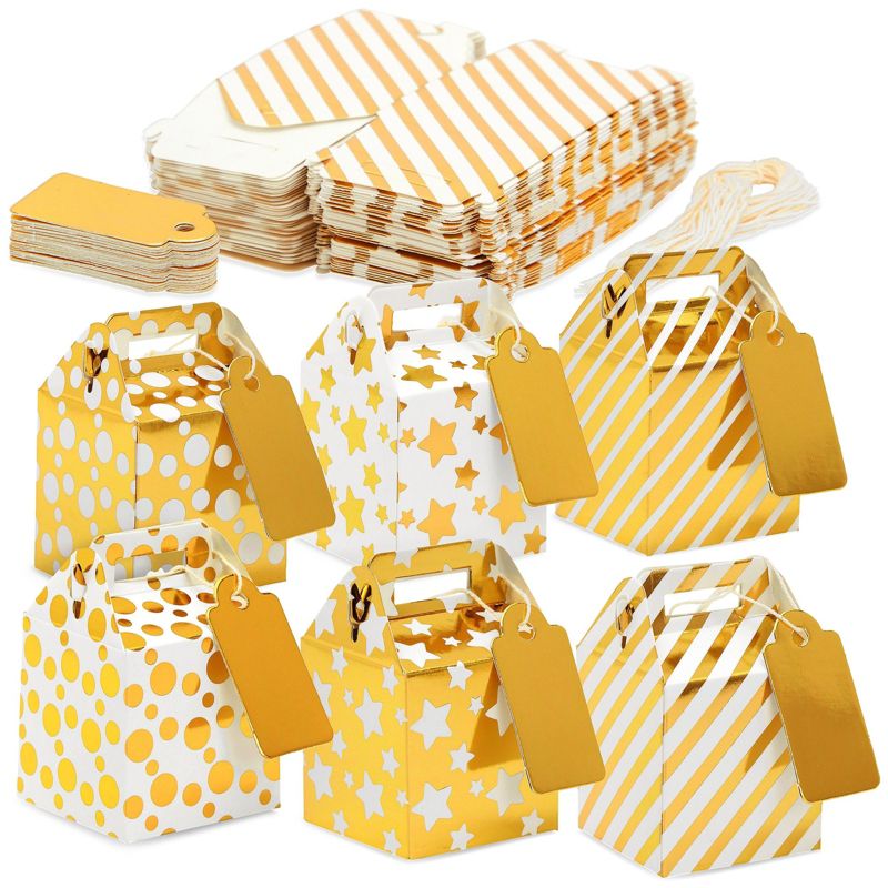 Juvale 36-Pack Mini Gold Gift Boxes - Tiny 2x2x2 Favor Boxes for Wedding, Birthday, Treats, with Tags and String (3 Patterns), 1 of 9