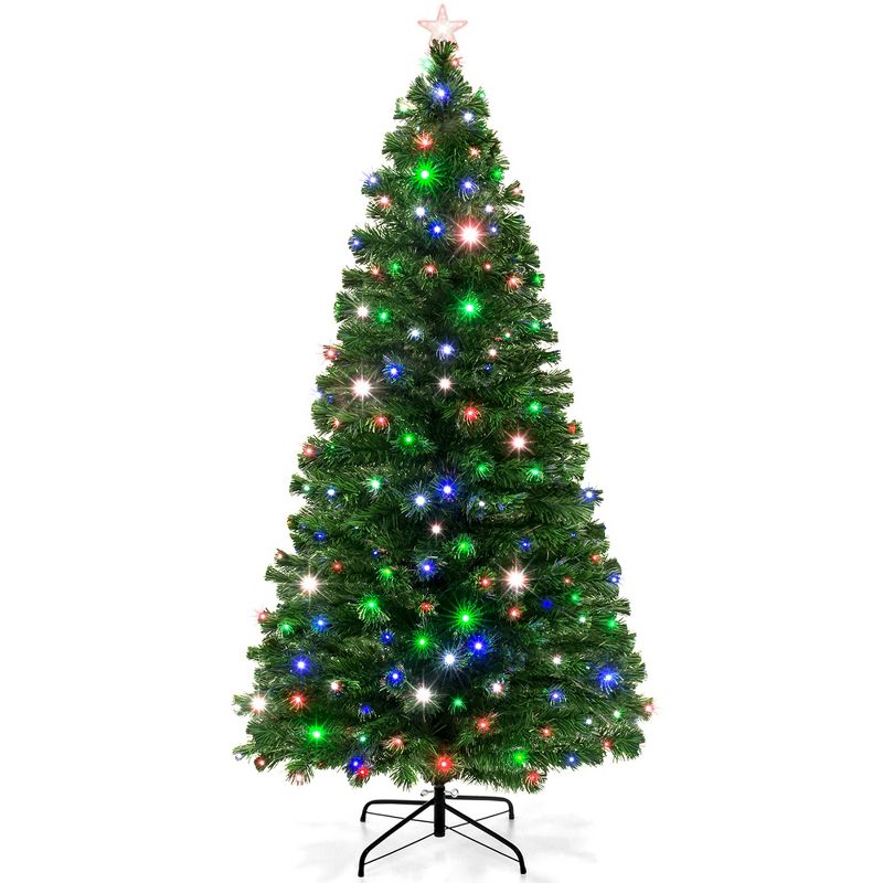 Best Choice Products Pre-Lit Fiber Optic Artificial Pine Christmas Tree w/ Multicolored LED Lights, 8 Sequences, 1 of 8