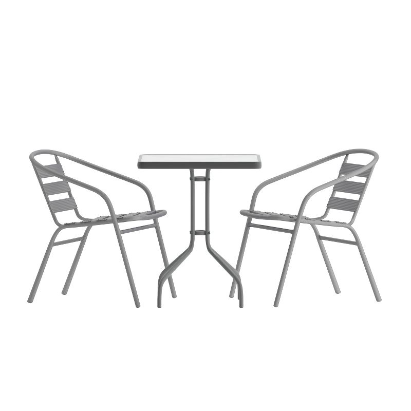 Emma and Oliver 23.5'' Square Glass Top Metal Table with 2 Aluminum Slat Stack Chairs, 1 of 13