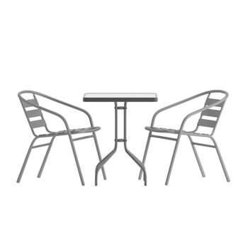 Flash Furniture Lila 23.5'' Square Glass Metal Table with 2 Metal Aluminum Slat Stack Chairs