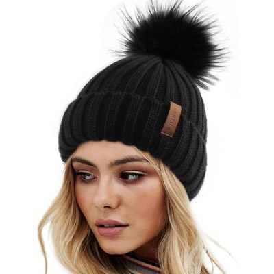 ZUPPAD Womens Winter Knitted Beanie Hat with Faux Fur Pom Warm Knit Skull Cap Beanie for Women Hats 1 Pack
