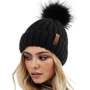 ZUPPAD Womens Winter Knitted Beanie Hat with Faux Fur Pom Warm Knit Skull Cap Beanie for Women Hats 1 Pack - 1 of 4