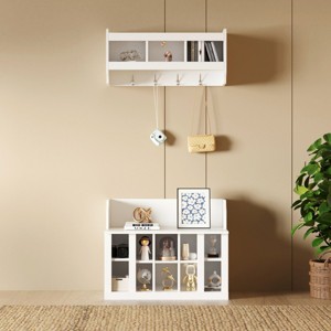 4-In-1 Particle Board Hall Tree Entryway With Bench And Wall Mounted Storage,Coat Rack And Shoe Storage,For Hallways,Living Room-Cuddlewood - 1 of 4