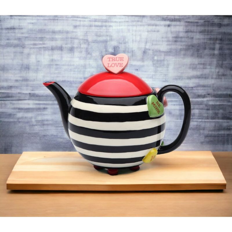 Kevins Gift Shoppe Hand Painted Ceramic Striped Teapot with Hearts, 2 of 4