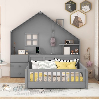 CAVINAS Twin/Full Size House Bed Frame with Bedside Drawers & Shelves,Platform Floor Bed for Kids Room,Bedroom