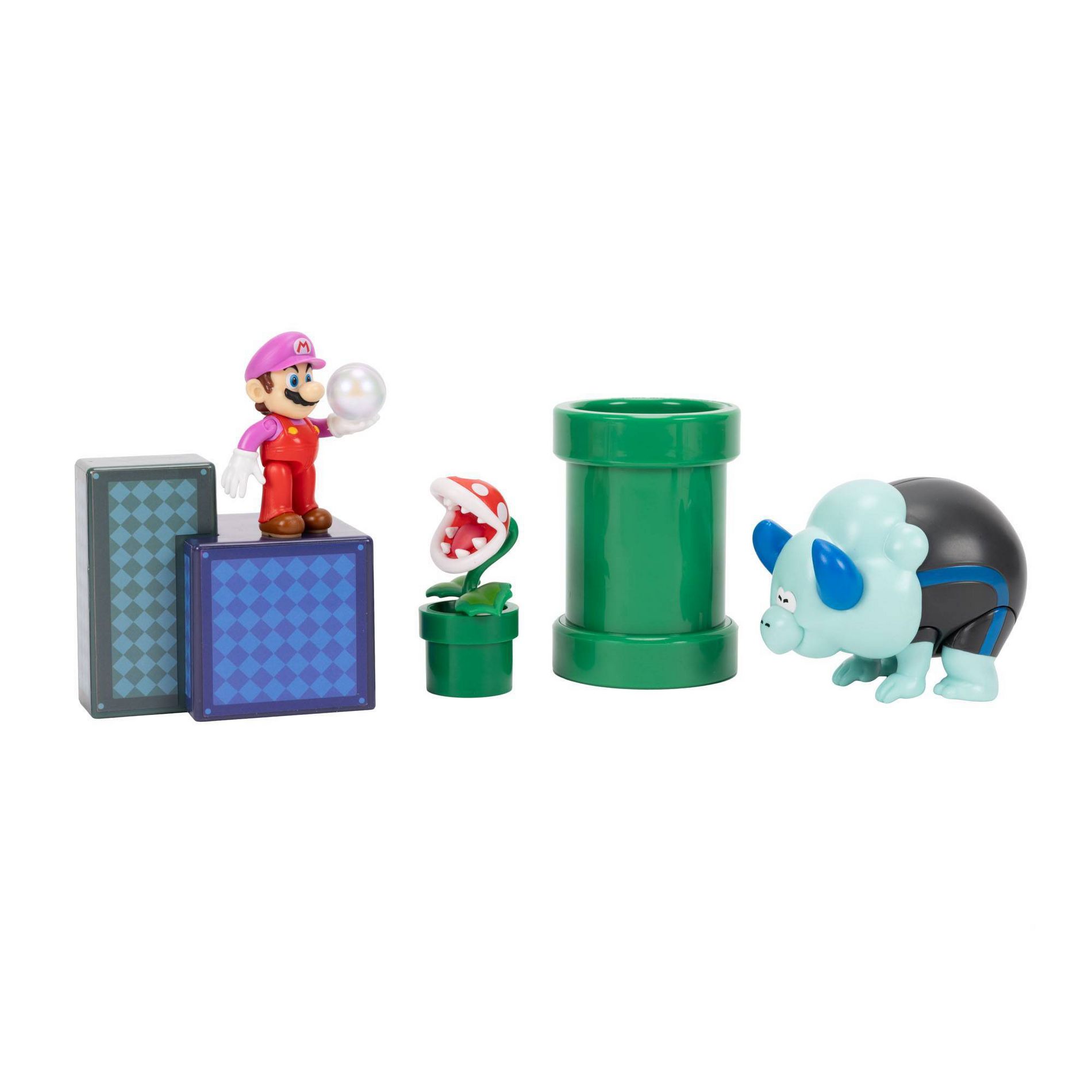 Nintendo Super Mario 2.5" Wonder Diorama Set with Bubble Mario, Bulrush, Piranha Plant, warp pipe, and color block