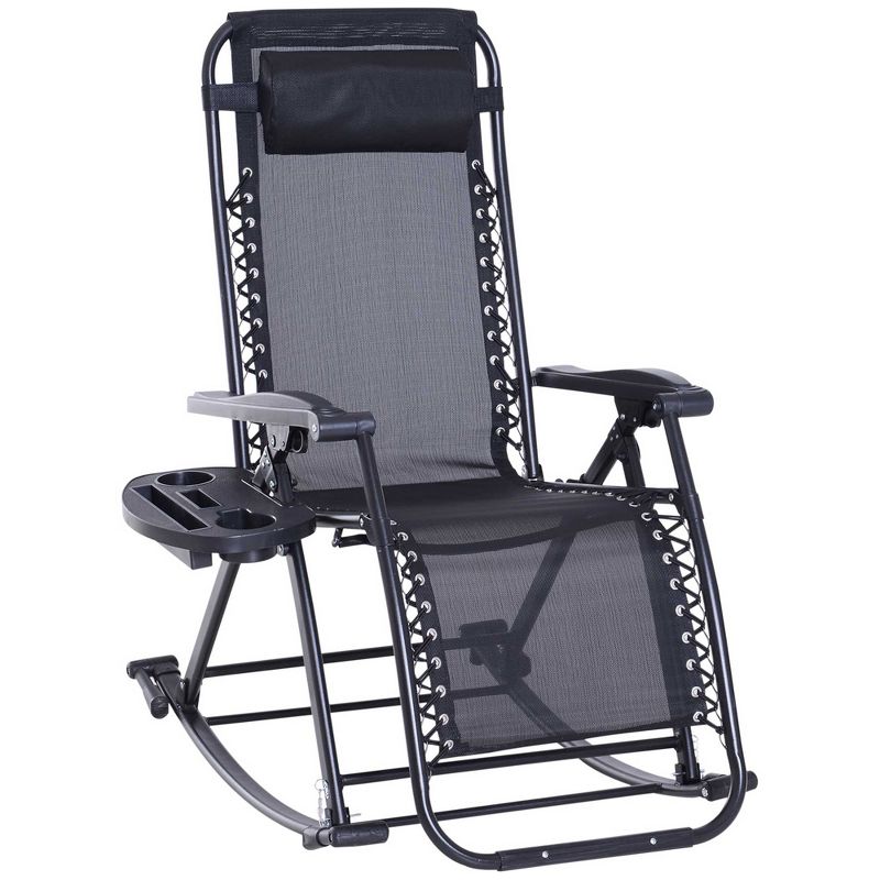 Outsunny Outdoor Rocking Chairs, Foldable Reclining Anti Gravity Lounge Rocker w/ Pillow, Cup & Phone Holder, Combo Design w/ Folding Legs, Black, 1 of 11