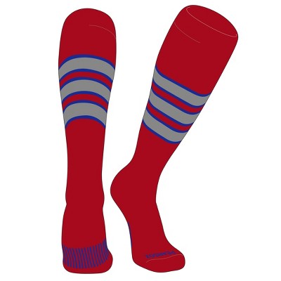 PEAR SOX Striped OTC Baseball, Softball, Football Socks (C) Red, Royal, Silver