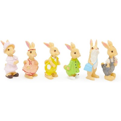 Mini Easter Bunny Rabbit Garden Statues in Colorful Outfits, 2.2 Inches, Set of 6