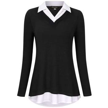 Women's Short Sleeve V-Neck Contrast Collared Shirts Patchwork Work Blouse Tunics Tops