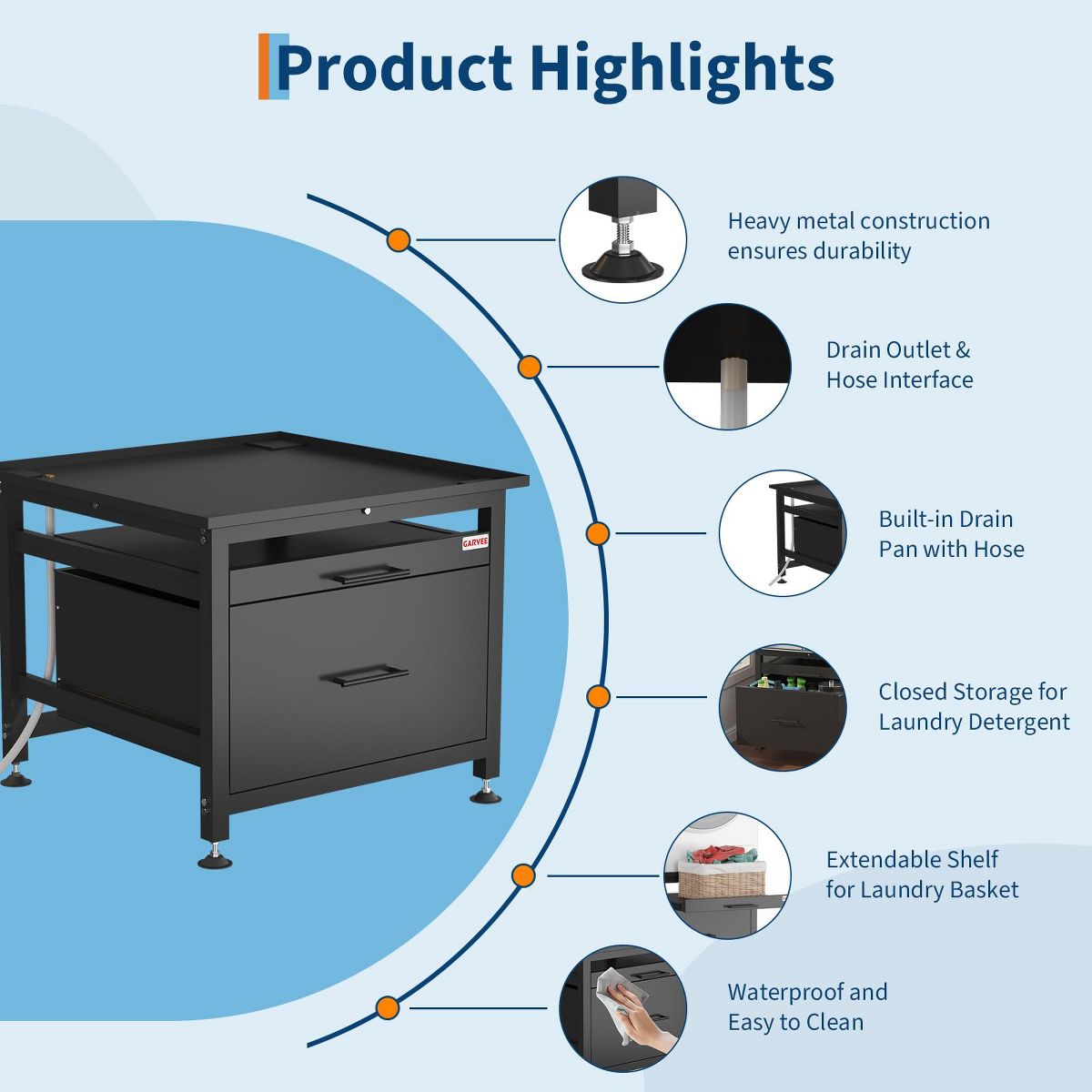 Heavy Duty Metal Washer and Dryer Pedestal Stand - Pullout Shelf & Storage Drawer, Global Anti-Vibration Riser, Adjustable Feet, 850 lbs - thumbnail 5