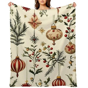FIONECA Vintage Christmas Blanket with Classic Ornament Pine Branch and Holly Pattern Beige Background 40x50 inches - 1 of 4