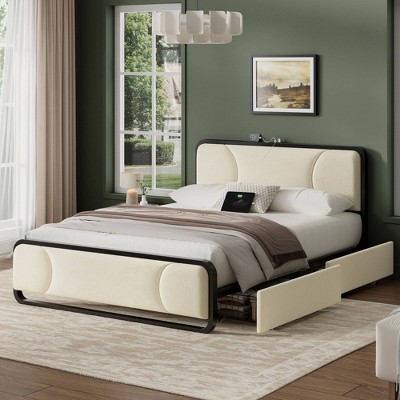 WOWLIVE Full/Queen/King Platform Bed with 2 Storage Drawers, Modern Bed Frame with Charging Station