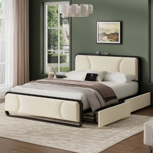 WOWLIVE Full/Queen/King Platform Bed with 2 Storage Drawers, Modern Bed Frame with Charging Station - 1 of 4