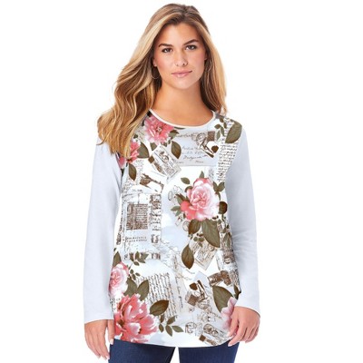 Roaman's Women's Plus Size Travel Graphic Long Sleeve Tee